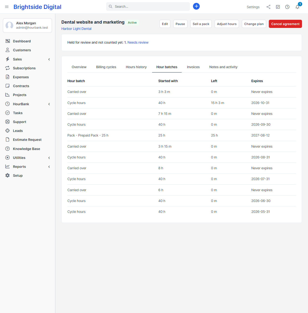 The hour batches tab of an agreement