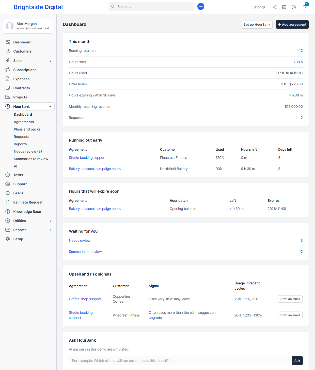 The HourBank dashboard inside Perfex CRM