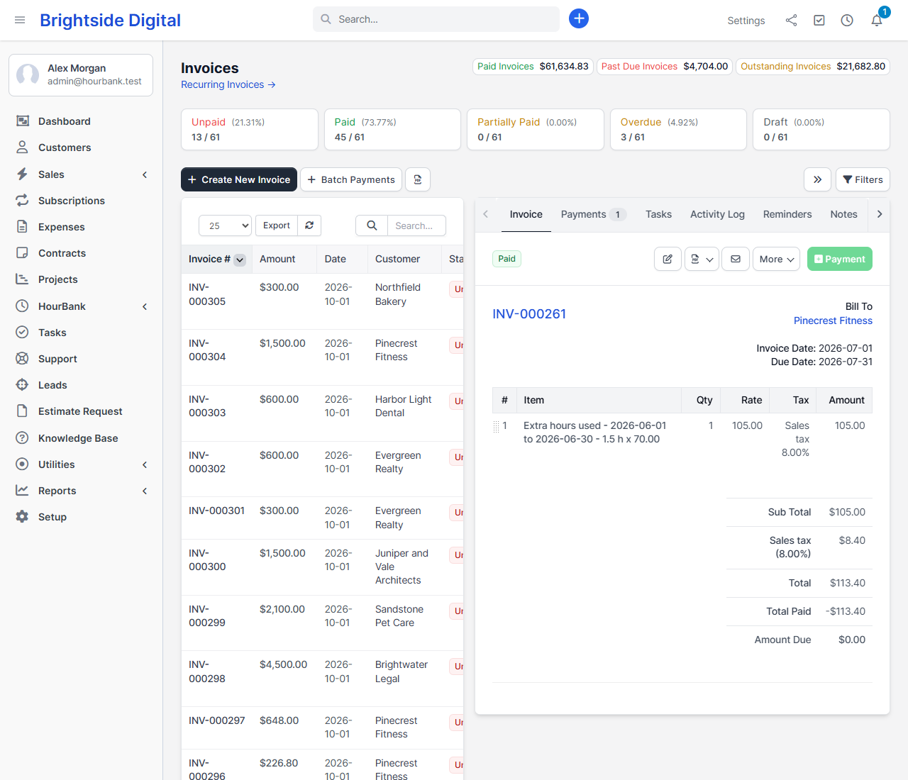 An extra-hours invoice in Perfex