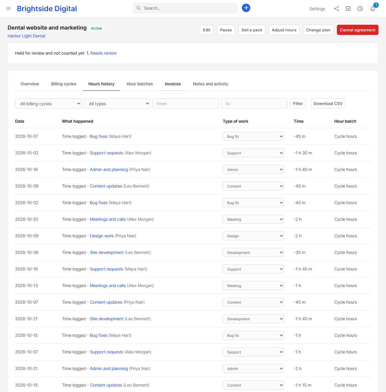 The hours history tab of an agreement