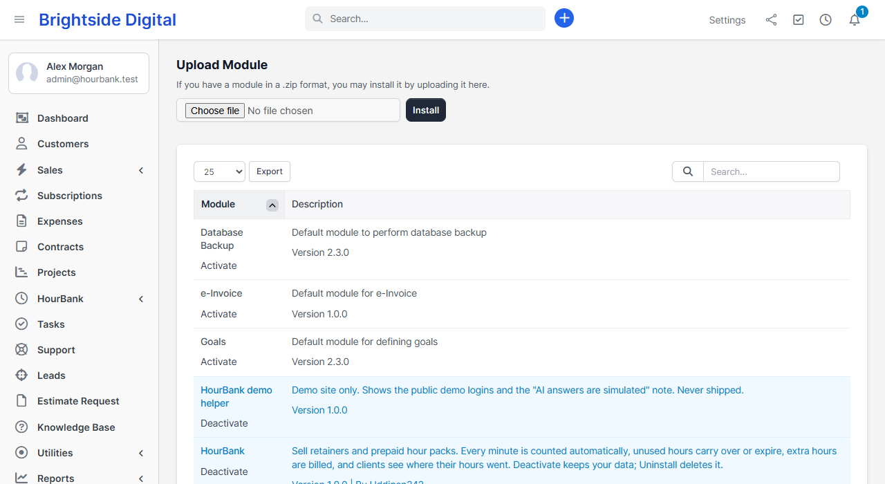 The Modules page in Perfex with HourBank in the list