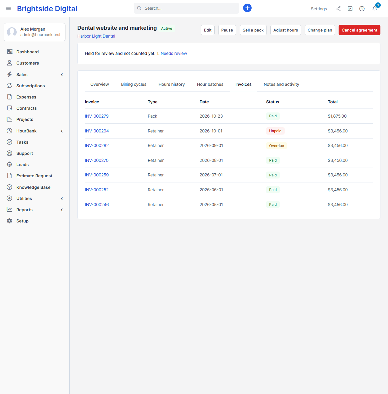 The invoices tab of an agreement