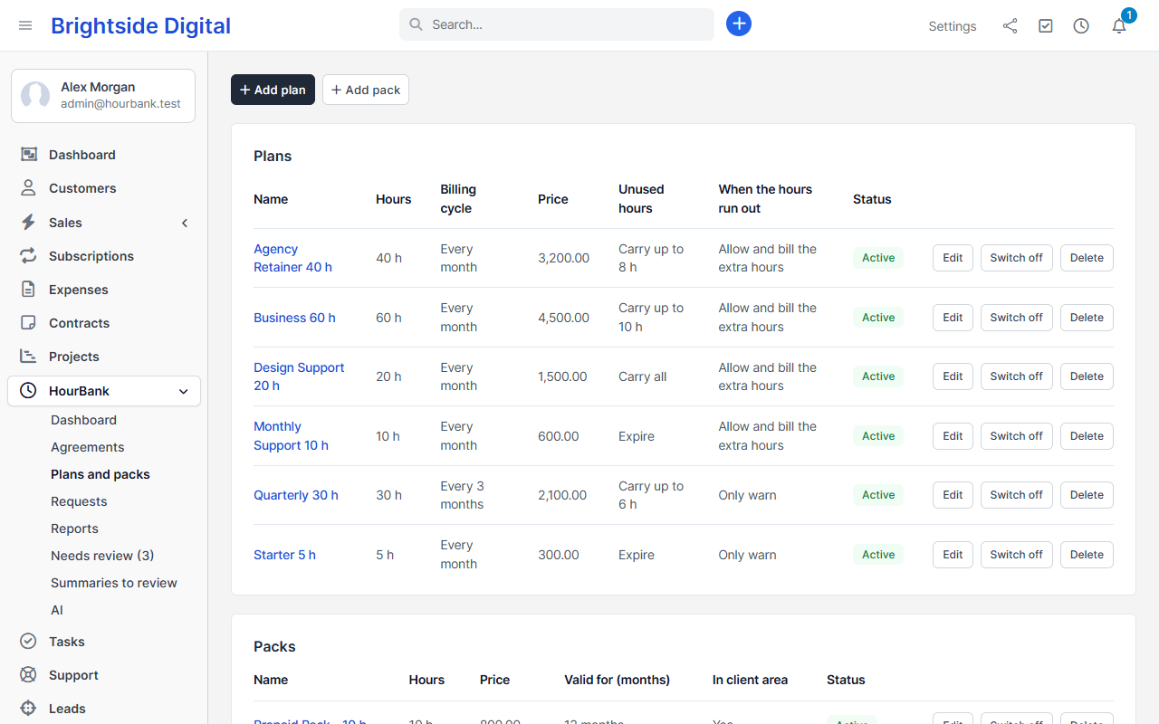 The plans and packs page