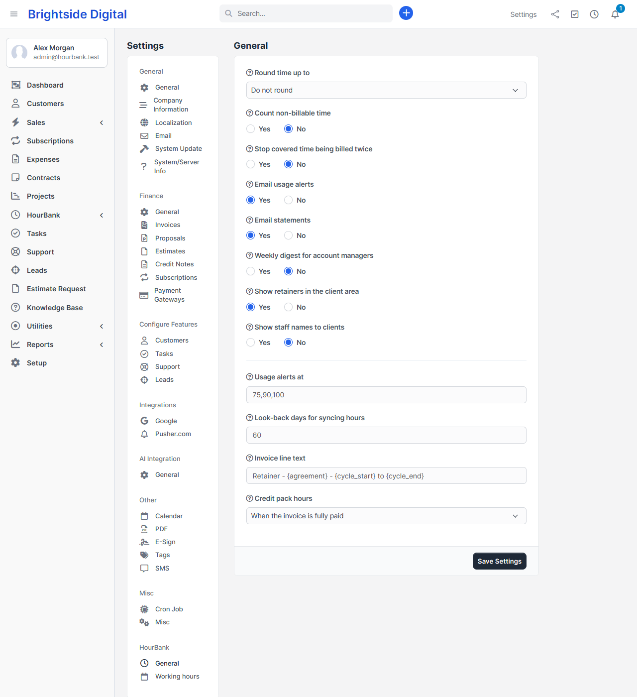 HourBank general settings