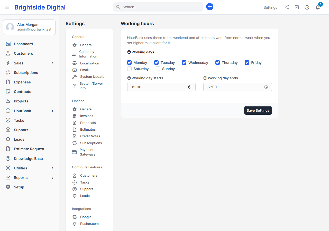 Working hours settings